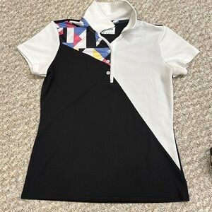 IZOD GOLF shirt size Sm black and white with pink and blue accents